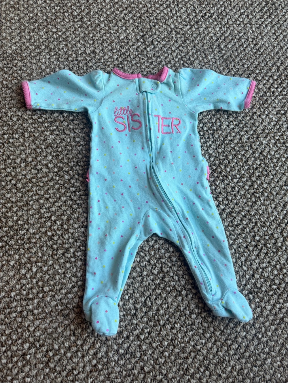 Baby Blue Polka Dot Footed One-Piece with Pink Trim